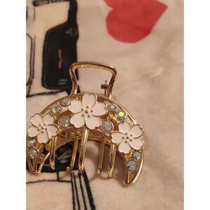 Gold Floral Rhinestone Hair Claw with Light Pink Enamel Cherry Blossoms